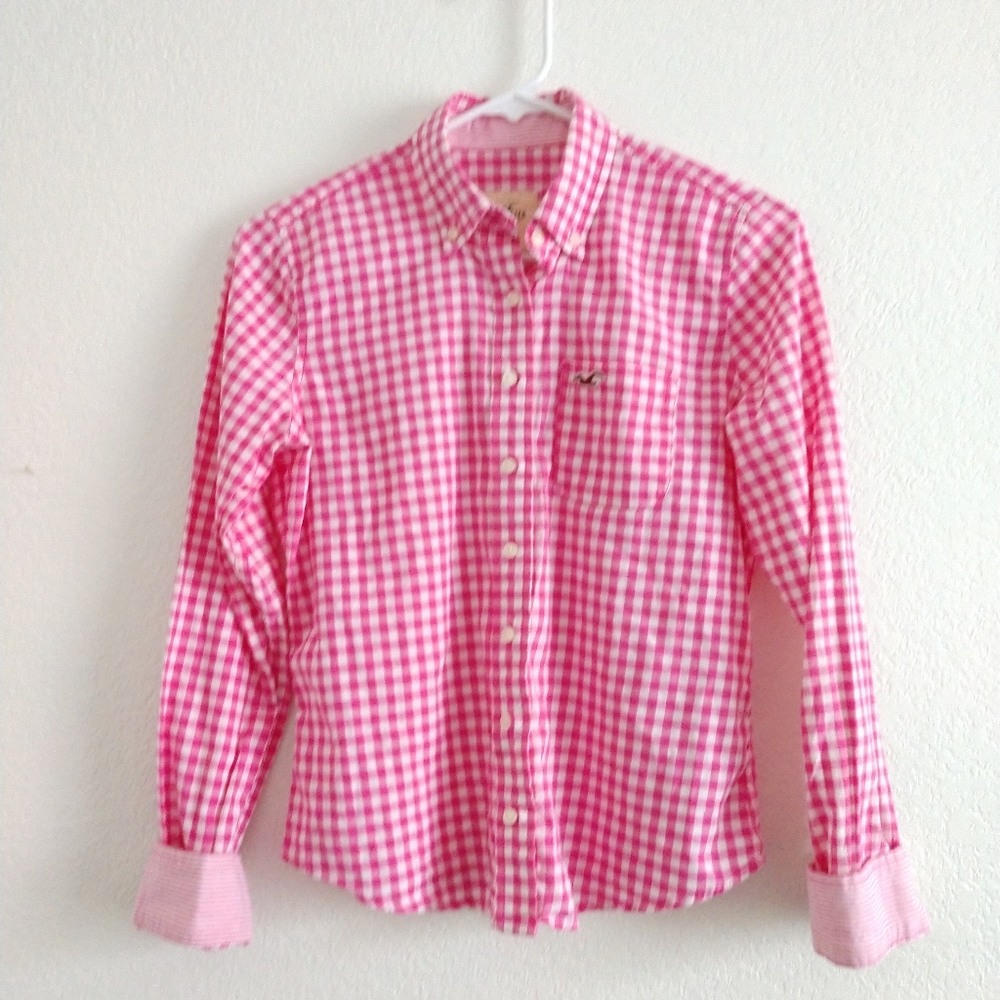 Cute Hollister Pink Gingham Shirt Button Front Summer Picnic Small Chest 32"
